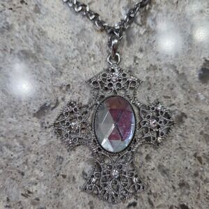 Statement Cross Pendant Necklace Silver‎ Tone Filigree Rhinestone Accents